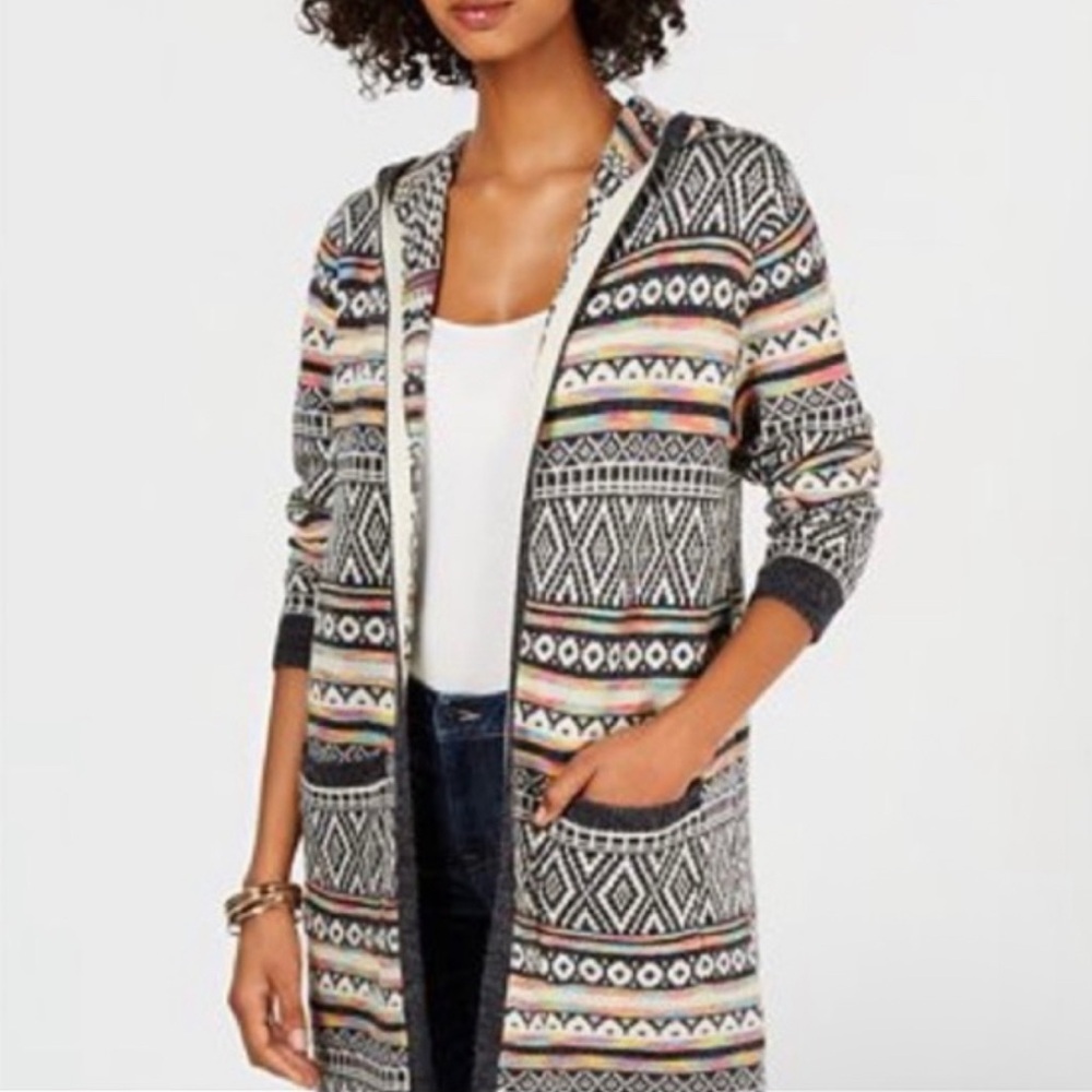 Monteau Intarsia Knit Hooded Duster Cardigan Size Medium